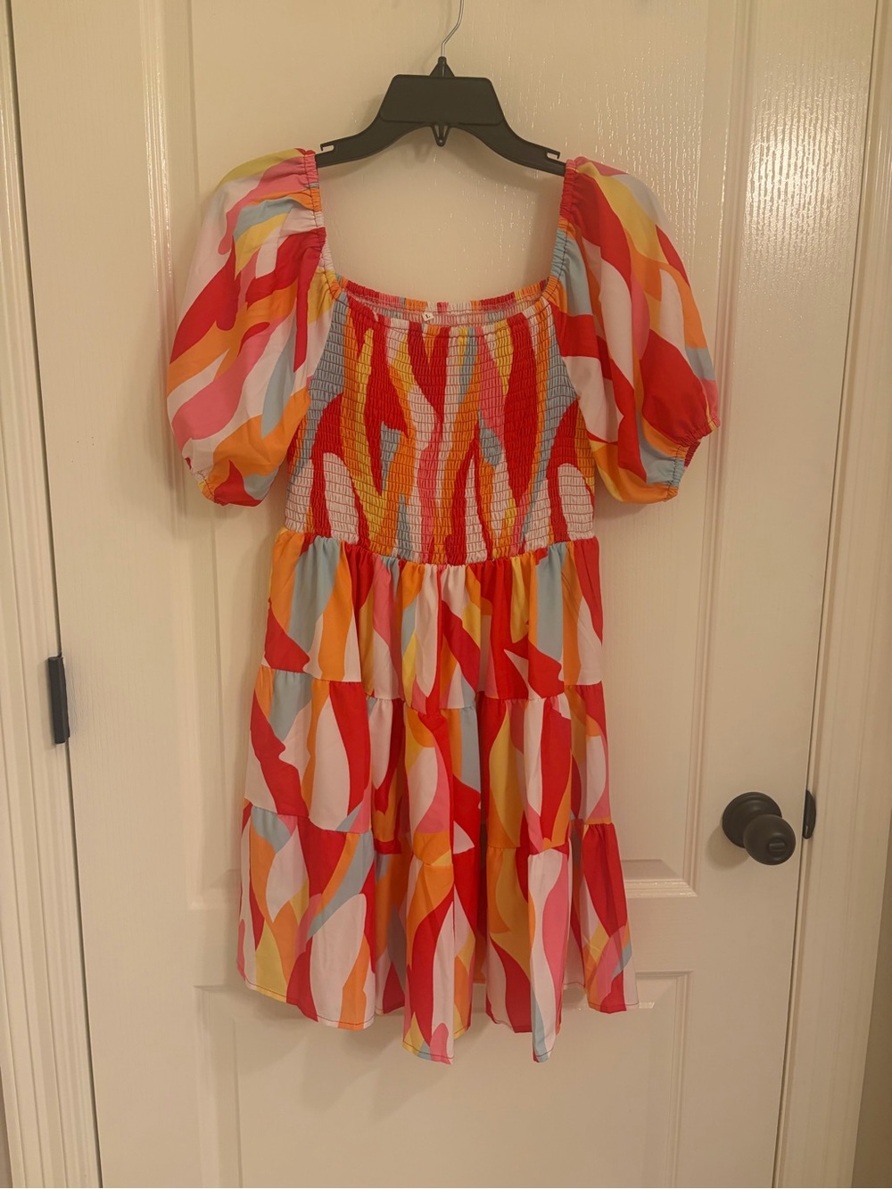Multicolor Puff-Sleeve Smocked Dress